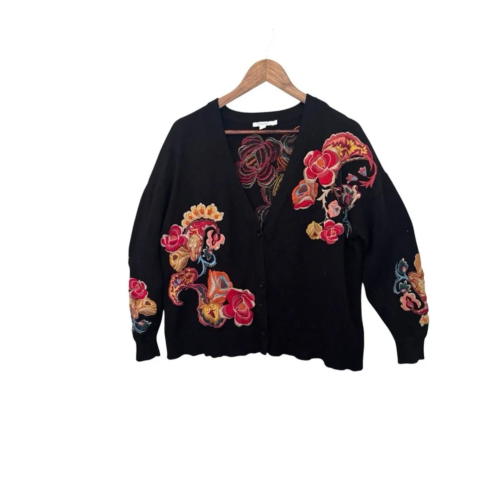 Chico's Black Floral Embroidered Cardigan 3 (XL) Boho Sweater Cottagecore